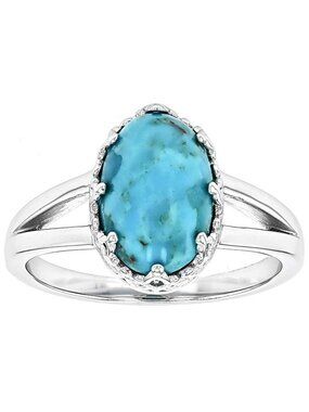 Turquoise Oval Cabochon Ring Platinum Plated Sterling Silver Size 7